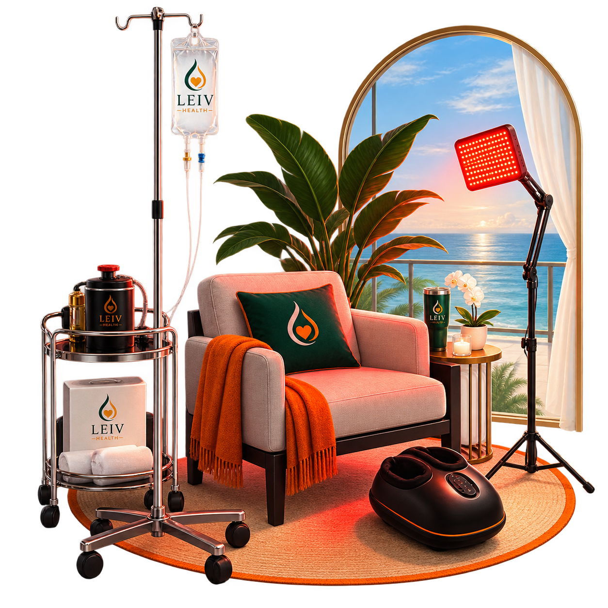 LeIV Health session setup with IV stand, red light panel, and ocean-view lounge